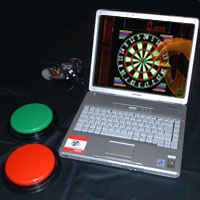 Laptop computer with two switches and adapted MadCatz controller.