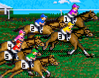 Neck-N-Neck: Six pixelated numbered horses with their jockeys.