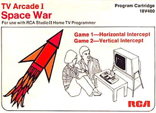 Space War game box - image of a red and orange missile alongside a  b/w drawing of a family playing on their RCA Studio II  Television Game.