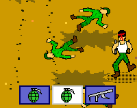 One cartoon soldier runs past trenches and two dead cartoon soldiers. Icons for grenades and a machine gun.