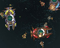 4 deep space giant space crafts in a circular flight-path, surrounded by smaller craft.