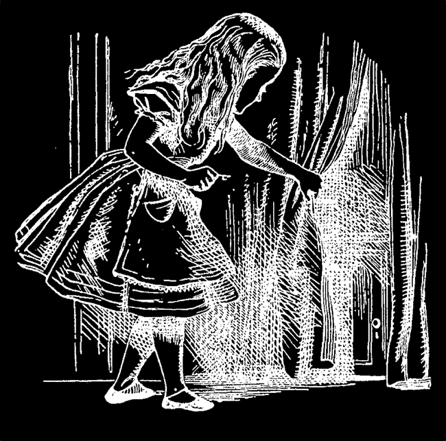 Curioser and curioser. Alice in Wonderland pulling back the curtain, key in hand. Tiny door in view.