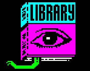 Library and Musuem. Image of a book with Library on the top and a big eye underneath, all in chunky computer graphics.