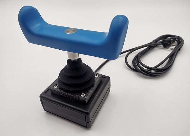 Wheelchair style joystick for PC with blue cow-bar top fitted.