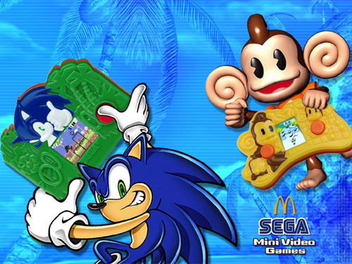 Image of SEGA Mini Video Games demonstrated by Sonic the Hedgehog and AiAi from Super Monkey Ball.