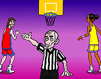 Basketball one-switch accessible game. Referee giving point to red netball player against the yellow player.