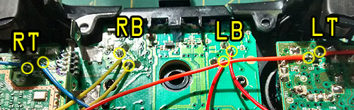 Solder points for the Xbox One (old-style) RB, LB, RT and LT switch sockets.