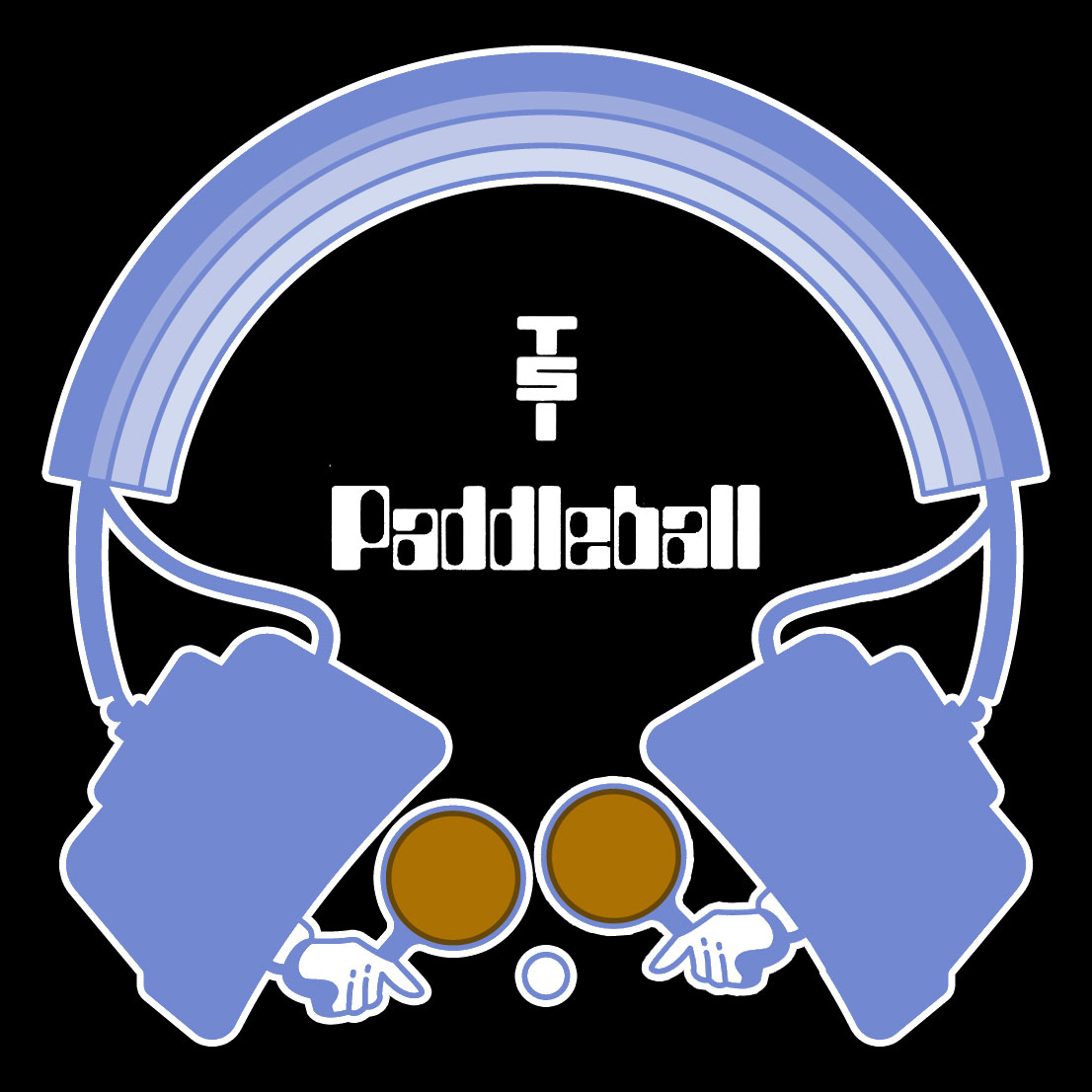 Artwork of a set of headphones. Out of both cups a hand holding a table-tennis bat. A ball in the middle. Text reads TSI Paddleball.