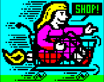 Teletext graphics of a lady in a rocket powered shopping trolley saying Shop!