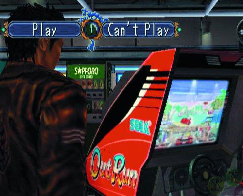 Image of Ryo Hazuki decidiing whether or not to play an emulated version of SEGA's Outrun with the choices 'Play' or 'Can't Play'.