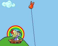 Cartoon Alice in Wonderland in a basket on the top of a hill, surrounded by a protective rainbow, about to fire an arrow up at a rabbit balloon tethered above her.