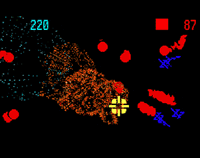 Explosions amongst red balls and blue crosses against a black background.