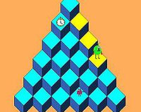 A isometric view of a pyramid made of cubes. A green creature has jumped down the right side changing the light blue blocks to yellow.