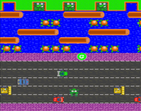 Frogger like screenshot. Multi-lane road at the bottom busy with traffic. Top half a fast flowing river with logs and turtles. At the very top grass and slots for 5 frogs.