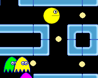 Three ghosts and a yellow ball in a blue on black maze containing white dots.