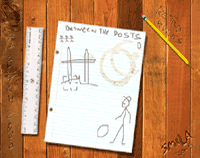 School desk with ruler, pencil and paper with cup stain and pencil drawing of a rugby player aiming a ball to kick through an H-shaped goal post.