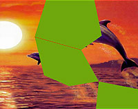 Dolphins jumping out of the sea at sunset. Green polygons are the missing parts of the picture puzzle.