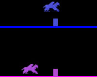 1970s style graphics of two horses jumping over a block fence on a black background.