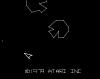 Asteroids: Blackback-ground with sharp white line-drawing of a space ship and floating rocks.