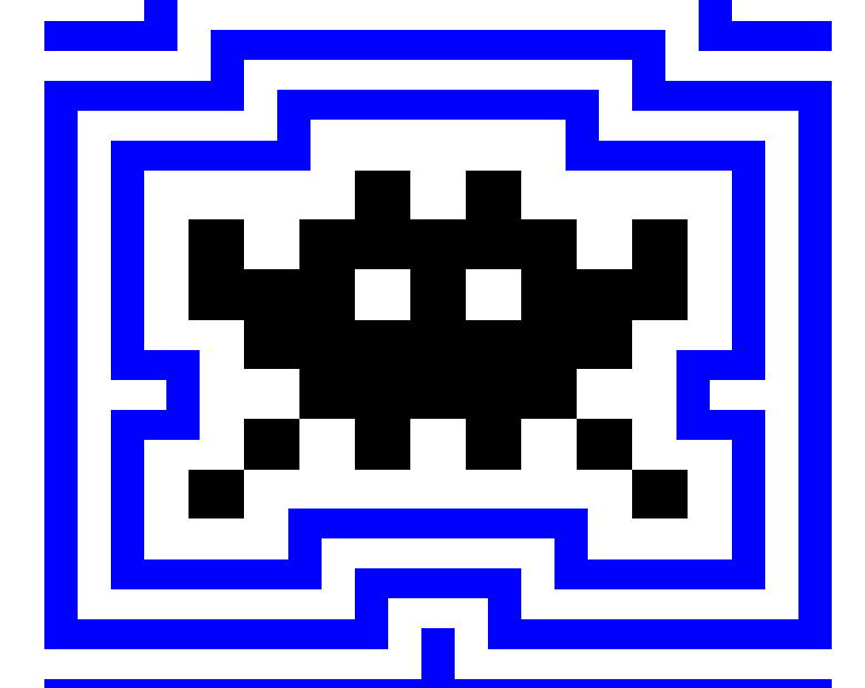 Image of a Space Invader outlined in radiating blue and white chunky lines.
